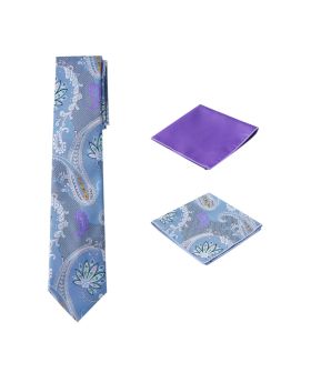 Men's Unique Printed Paisley Flower Blue Themed Necktie w/ 2 handkerchiefs  
