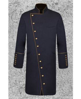 Men's Double Breasted Clergy Frock Jacket in Black and Gold with Three Quarter Length