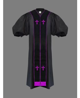 Clergy Pulpit Robe Black with Free Black/Purple Stole
