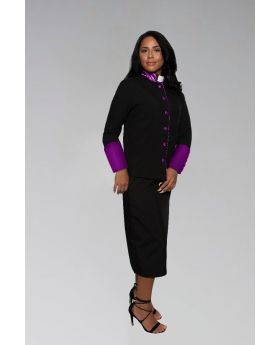 Women's Clergy Suit in Black with Purple Cuffs