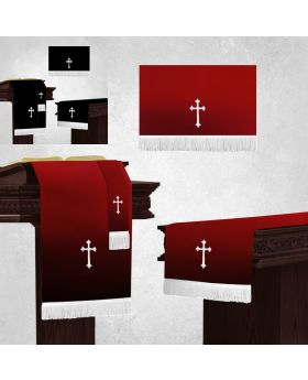 Communion Table runner with 3 piece altar parament set in Black and Burgundy with White fringe