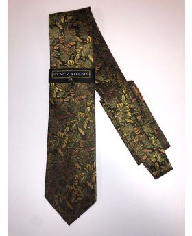 **Stacy Adams Premium Handmade Silk Neck Tie AND HANKY - Brown & Gold Floral