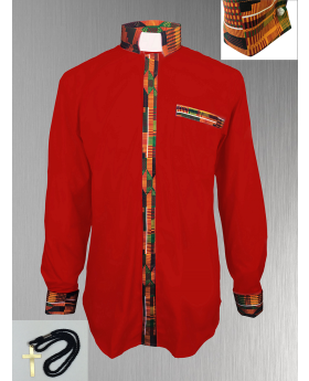 Red Clergy Shirt with African Kente Cloth Fabric