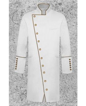 Men's Double Breasted Clergy Frock Jacket in White with Gold with Three Quarter Length