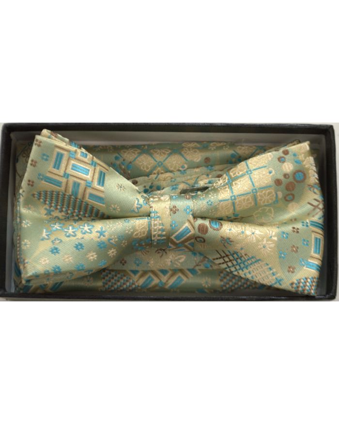 Men's Premium Squared Bow Tie + Hanky - Green and Brown