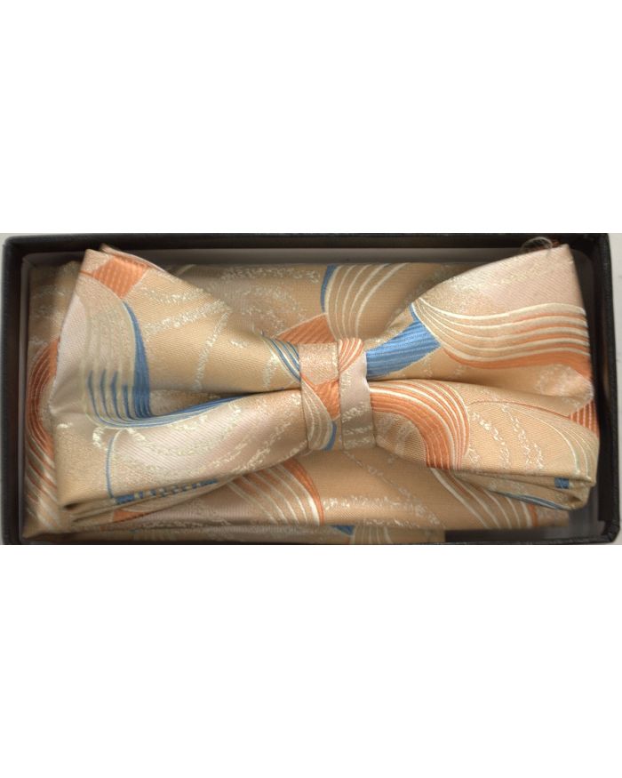 Men's Wavy Pattern Bow Tie + Hanky - Tan & Orange & Blue