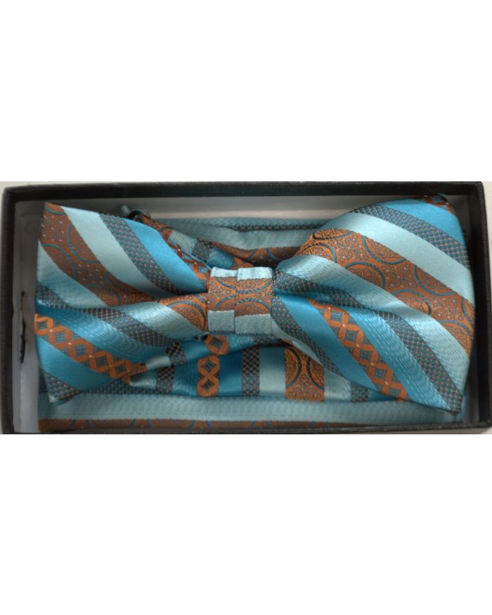 Men's Premium Dotted AND Striped Pattern Bow Tie + Hanky - Turquoise & Rust