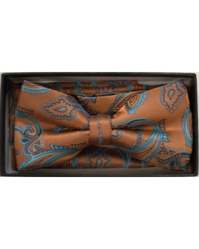 Men's Hot Paisley Pattern Bow Tie + Hanky - Cognac & Blue