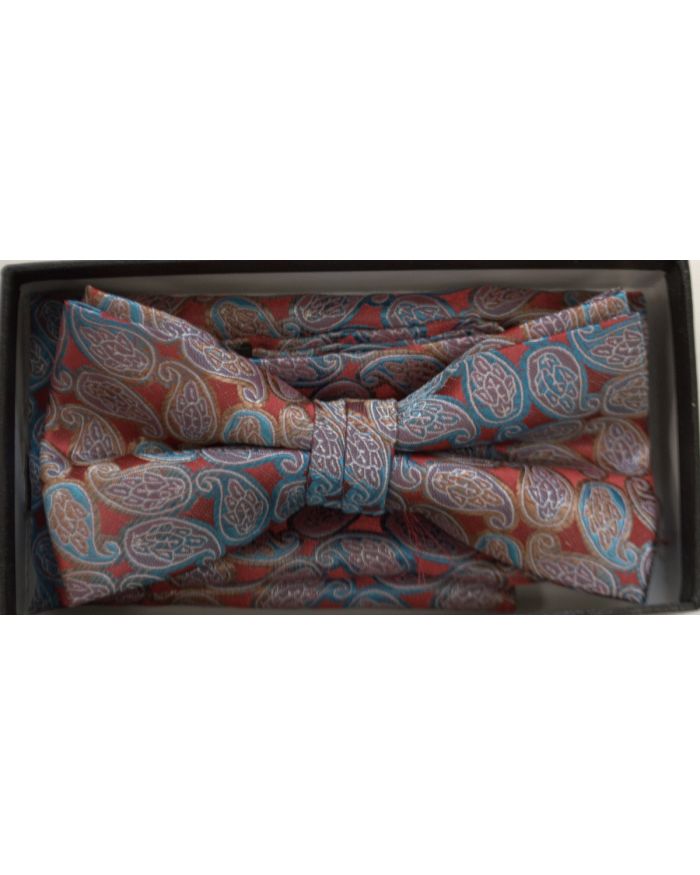 Men's Paisley Pattern Bow Tie + Hanky - Red & Blue