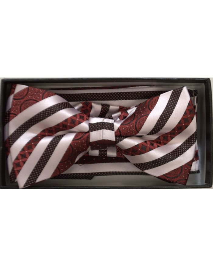 *Men's Premium Striped Regency Pattern Bow Tie + Hanky - Red/White