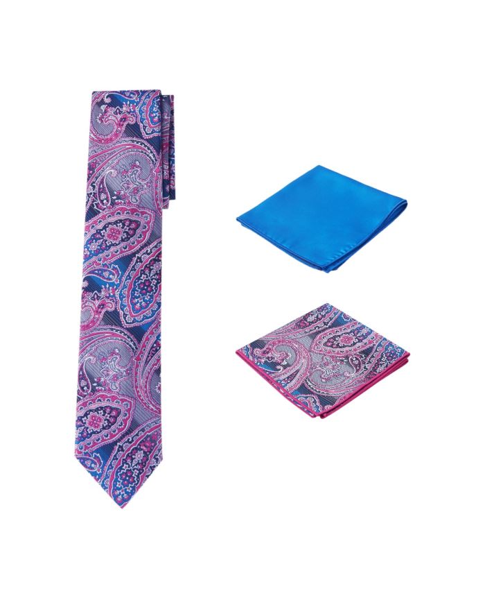 Men's Unique Printed Paisley Pink Themed Necktie w/ 2 handkerchiefs  
