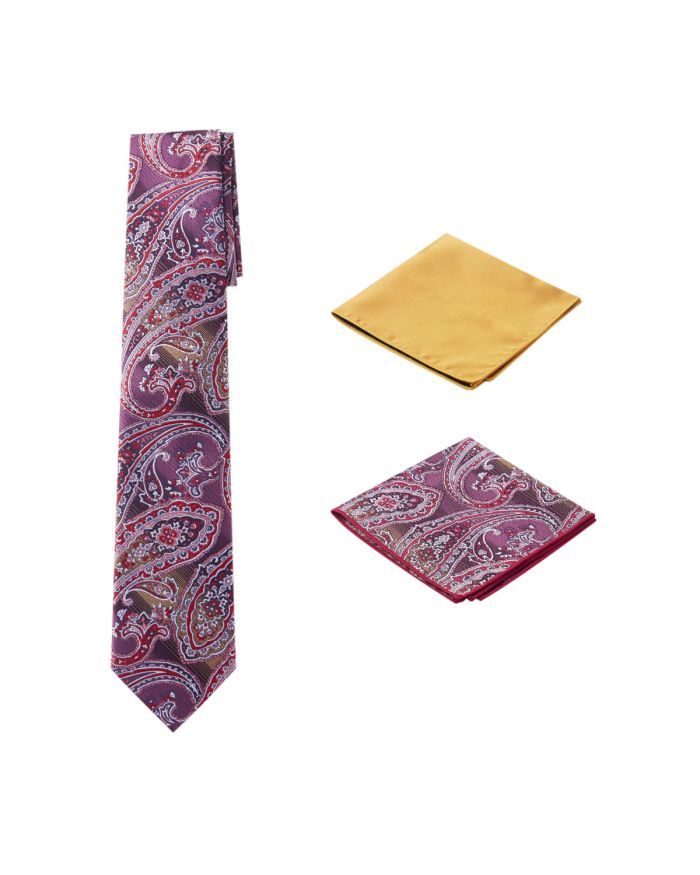Men's Unique Printed Paisley Red Themed Necktie w/ 2 handkerchiefs  