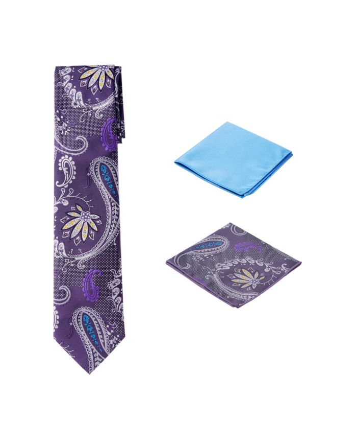 Men's Unique Printed Paisley Flower Purple Themed Necktie w/ 2 handkerchiefs  