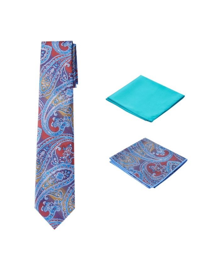 Men's Unique Blue Themed Paisley Necktie w/ 2 handkerchiefs  
