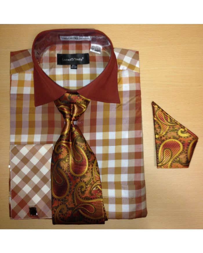 Men's Fashion Multi Gingham Checked Cufflink Dress Shirt Set - Brown