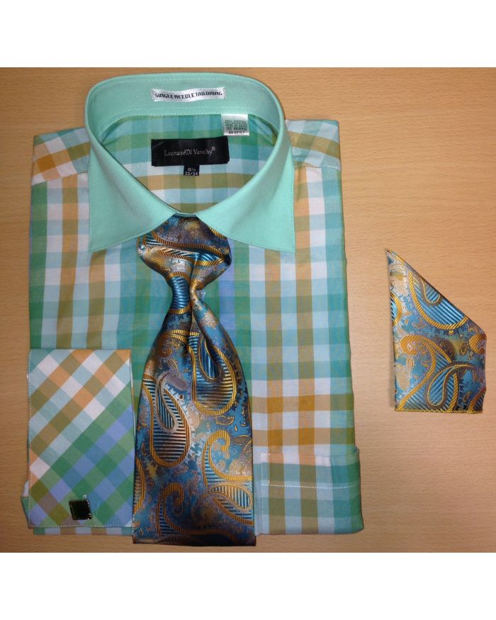 Men's Fashion Multi Gingham Checked Cufflink Dress Shirt Set - Mint Green