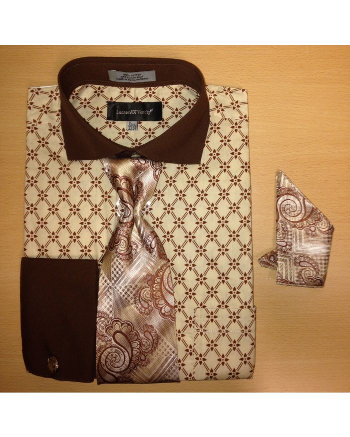 Men's Fashion Diamond Chain Dot Print Cufflink Dress Shirt Set - Brown and Tan