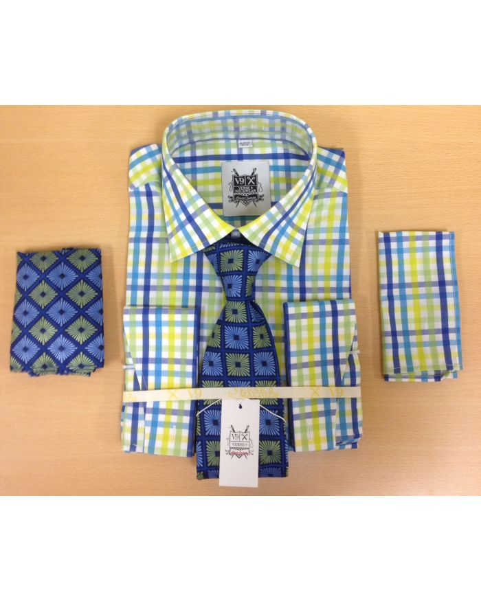 *Men's Fashion Royal and Yellow Tri-Mix Dress Shirt and Custom Tie and 2 Hankies 