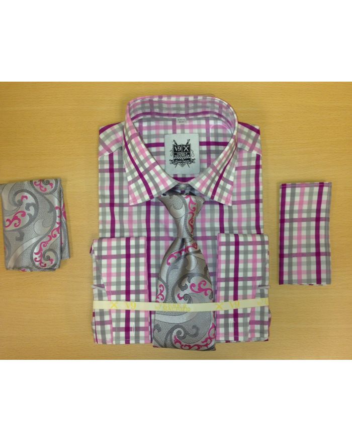 Men's Fashion Pink and Gray Tri-Mix Dress Shirt and Custom Tie and 2 Hankies 