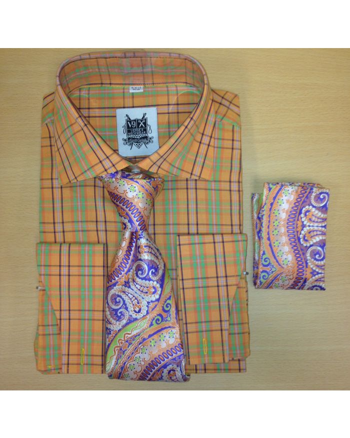 *Men's Fashion Tiger Orange Multi Checked Dress Shirt and Custom Tie/Hanky