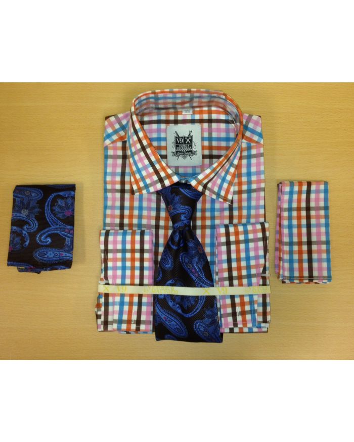 *Men's Fashion Pink/Brown/Blue Tri-Mix Dress Shirt and Custom Tie and 2 Hankies 
