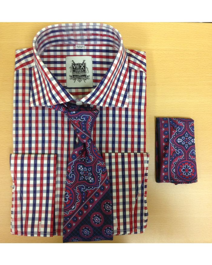 *Men's Fashion Red/Navy Elegant Checked Dress Shirt and Custom Tie/Hanky