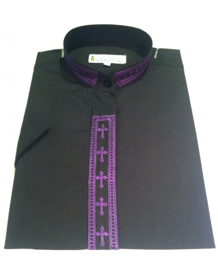 359. Men's Short-Sleeve Clergy Shirt With Fine Embroidery - Black/Purple
