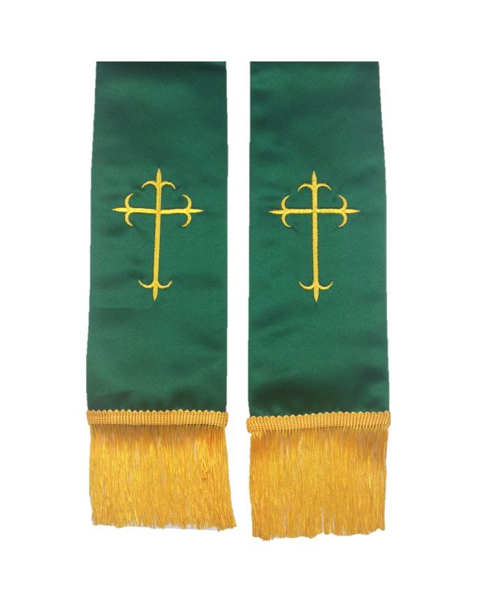 Premium Clergy Stole - Emerald Green Satin with Gold Latin Crosses