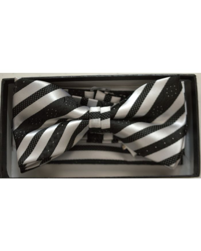 *Men's Striped Pattern Bow Tie + Hanky - Black & White