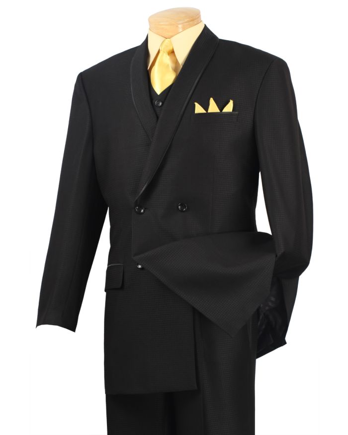 Men's Double Breasted Suit - Black with Vest