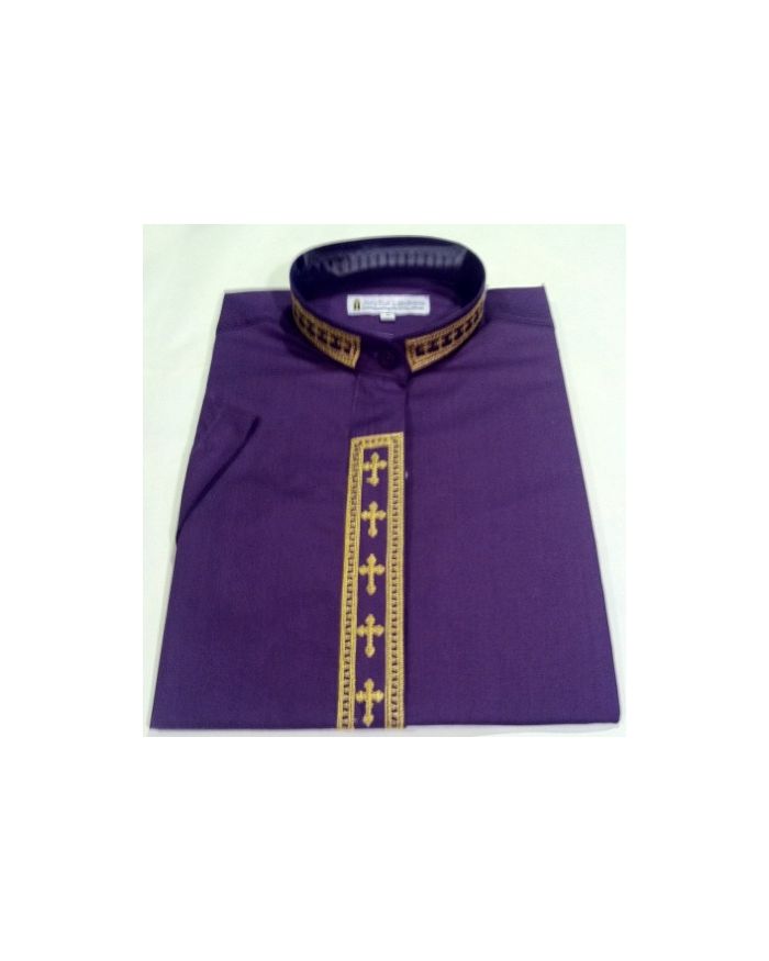 755. Women's Short-Sleeve Clergy Shirt With Fine Embroidery - Purple/Gold