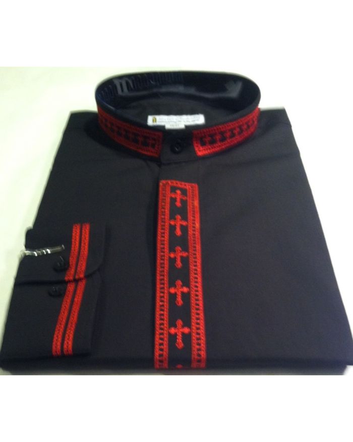 307. Men's Long-Sleeve Clergy Shirt With Fine Embroidery - Black/Red