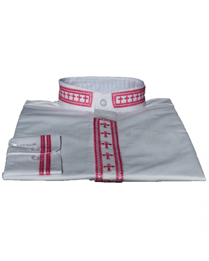 308. Men's Long-Sleeve Clergy Shirt With Fine Embroidery - White/Fuchsia