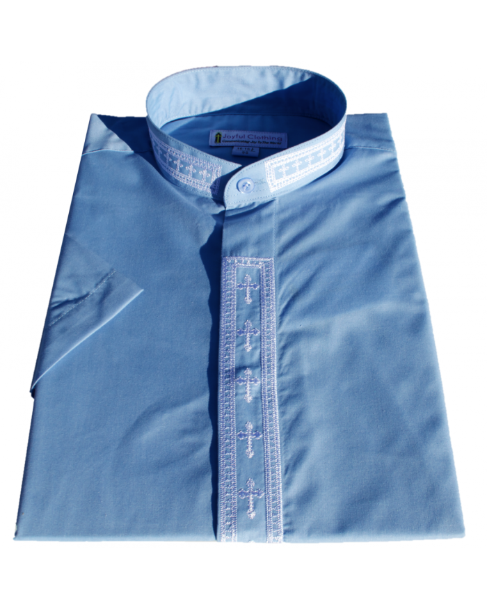 362. Men's Short-Sleeve Clergy Shirt With Fine Embroidery - Light Blue/White