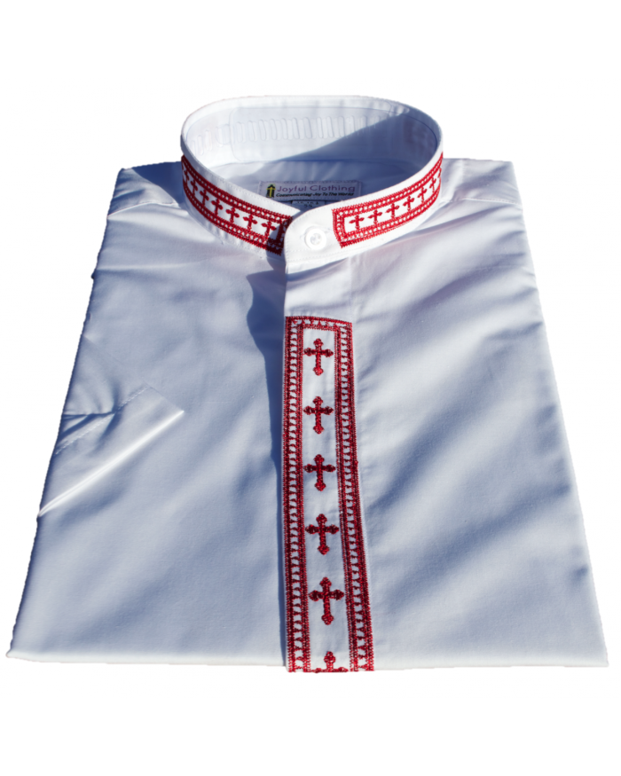 361. Men's Short-Sleeve Clergy Shirt With Fine Embroidery - White/Red