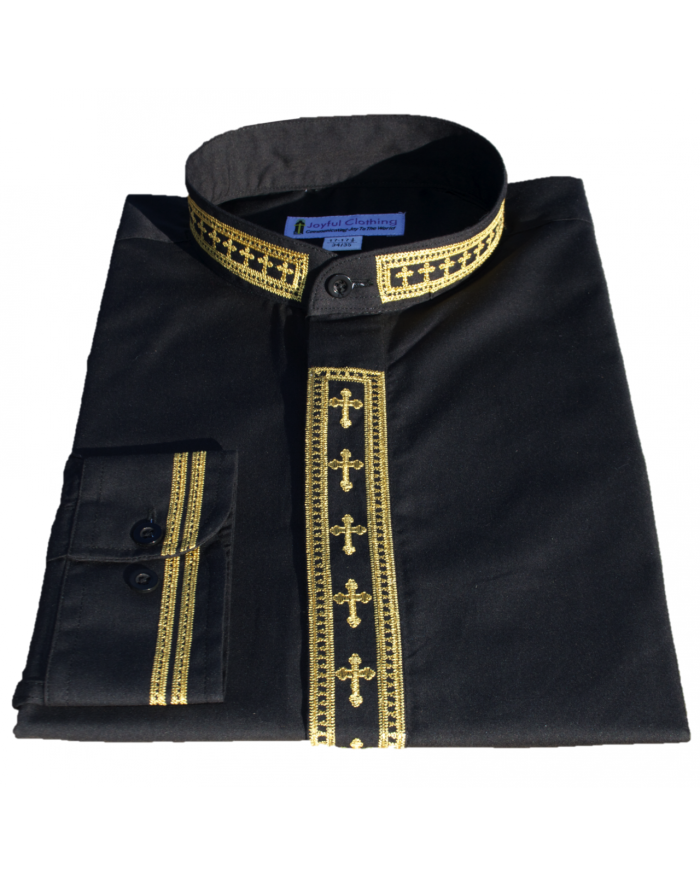 306. Men's Long-Sleeve Clergy Shirt With Fine Embroidery - Black/Gold