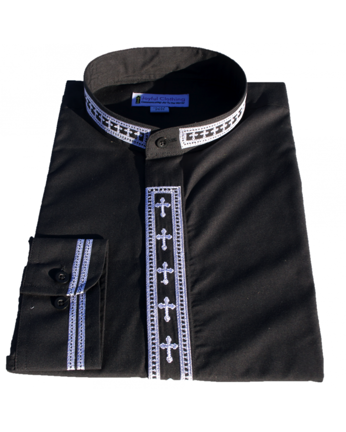 303. Men's Long-Sleeve Clergy Shirt With Fine Embroidery - Black/White