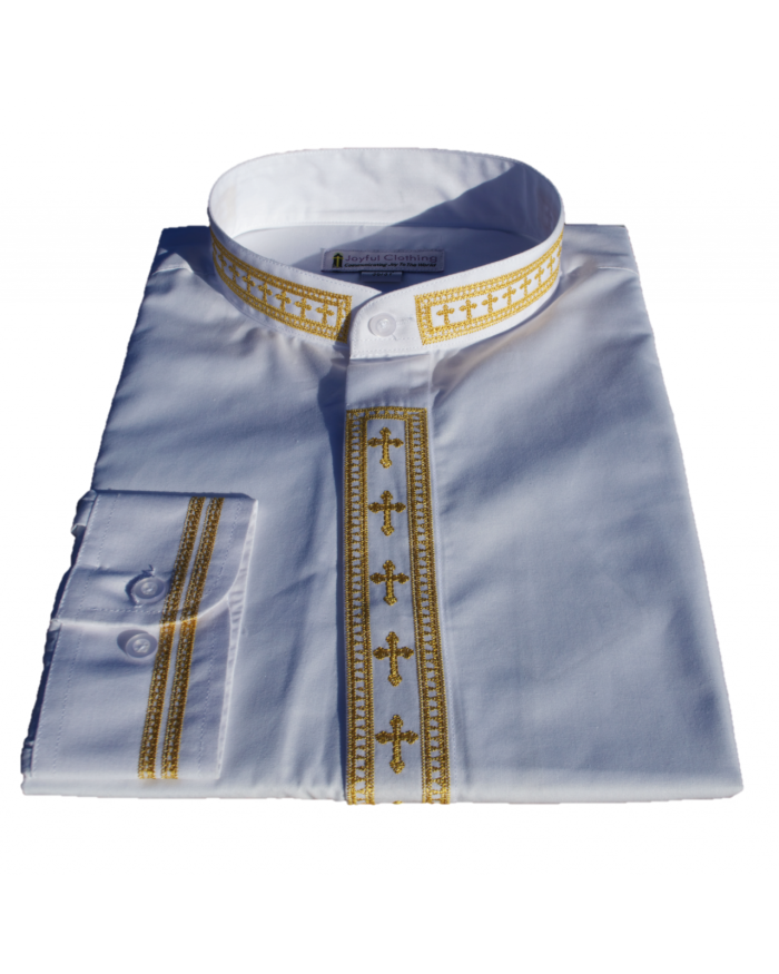 304. Men's Long-Sleeve Clergy Shirt With Fine Embroidery - White/Gold