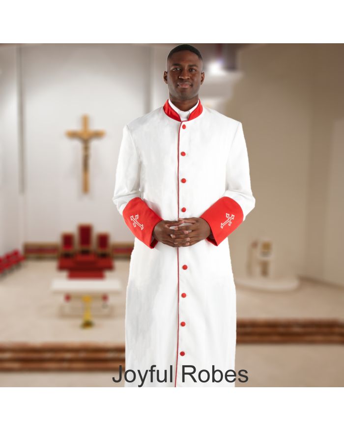 311 M. Men's Pastor/Clergy Robe - White/Red Cuff