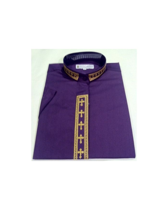 355. Men's Short-Sleeve Clergy Shirt With Fine Embroidery - Purple/Gold