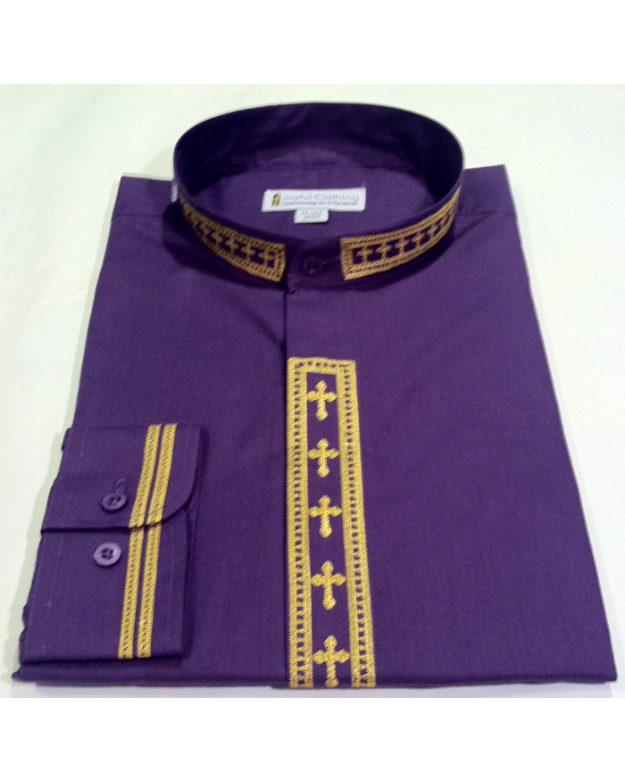 305. Men's Long-Sleeve Clergy Shirt With Fine Embroidery - Purple/Gold