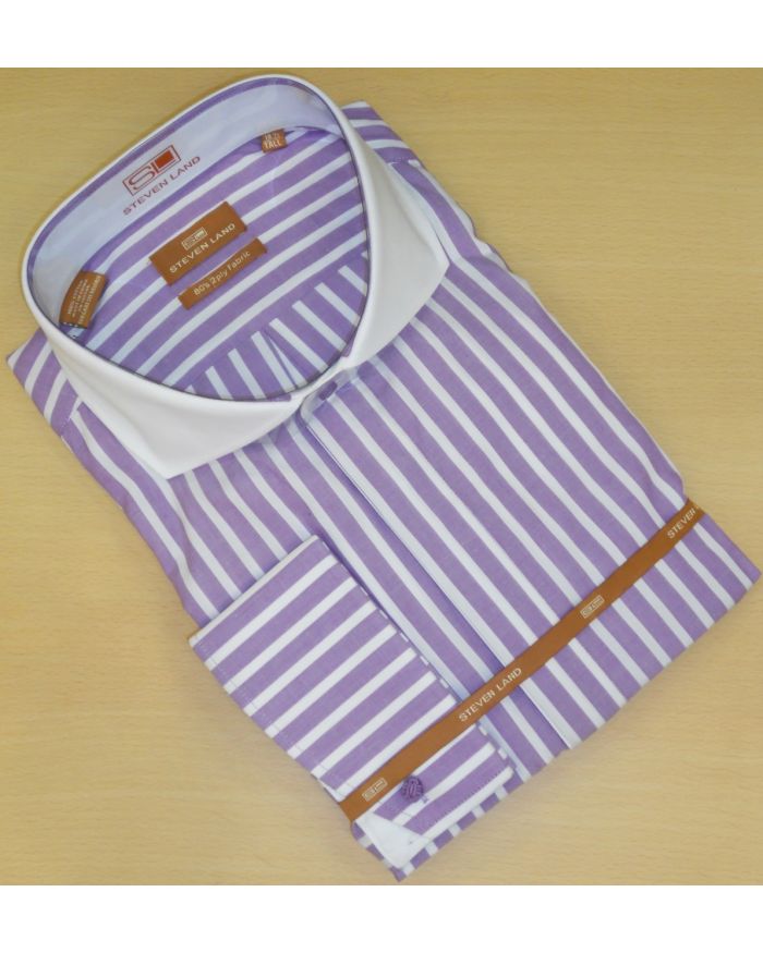 Men's Steven Land Thick Striped Spread Collar Dress Shirt - Purple/White