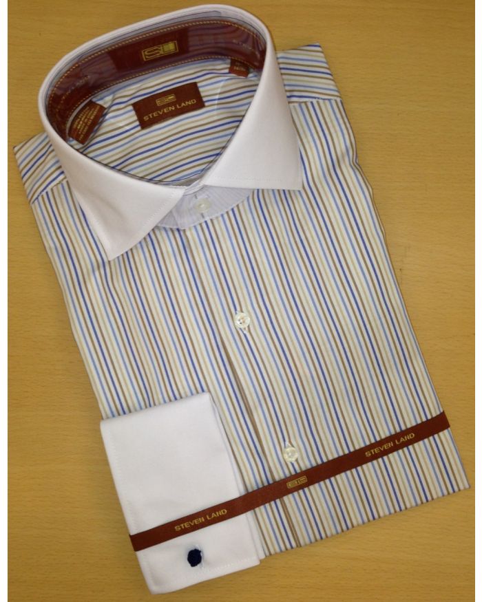 Men's Steven Land Sharp Striped Spread Collar Dress Shirt - White