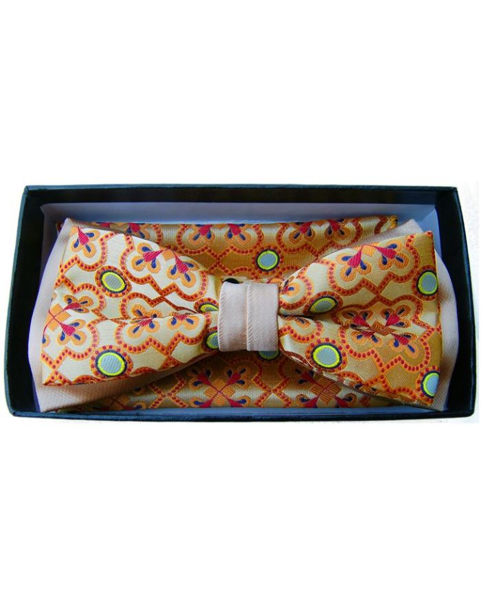 *Men's Premium Two-Tone Regency Pattern Bow Tie + Hanky - Orange/Tan