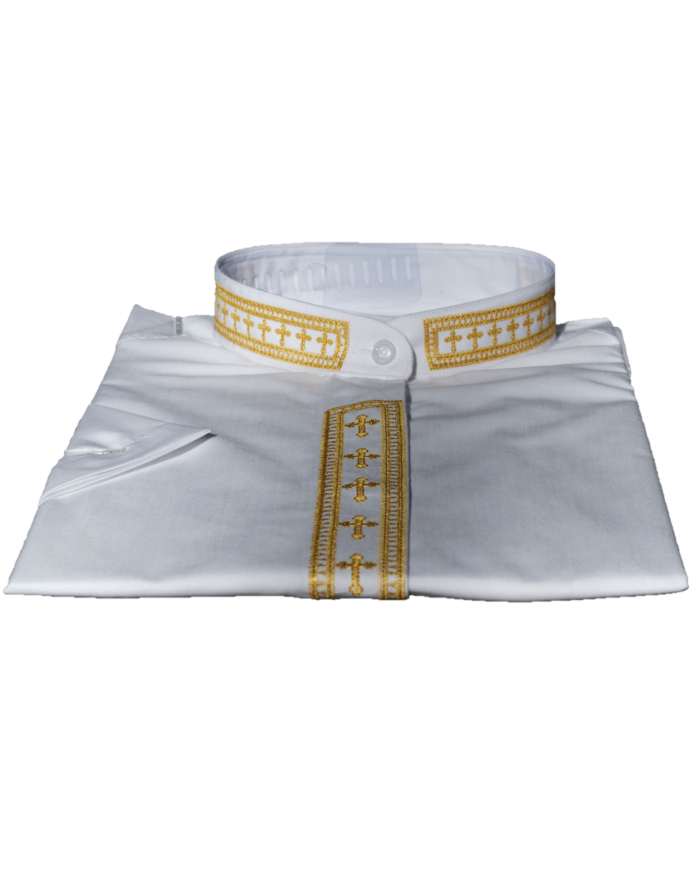 754. Women's Short-Sleeve Clergy Shirt With Fine Embroidery - White/Gold