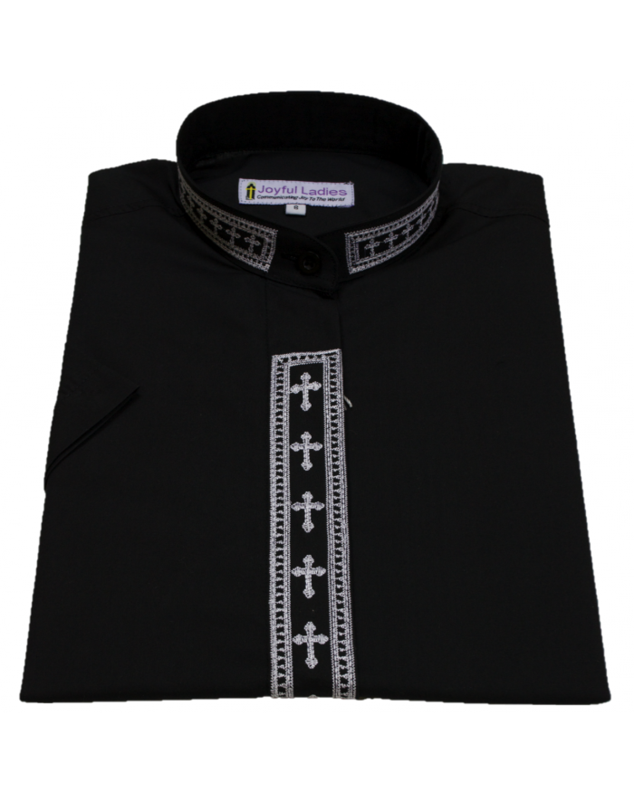 753. Women's Short-Sleeve Clergy Shirt With Fine Embroidery - Black/White