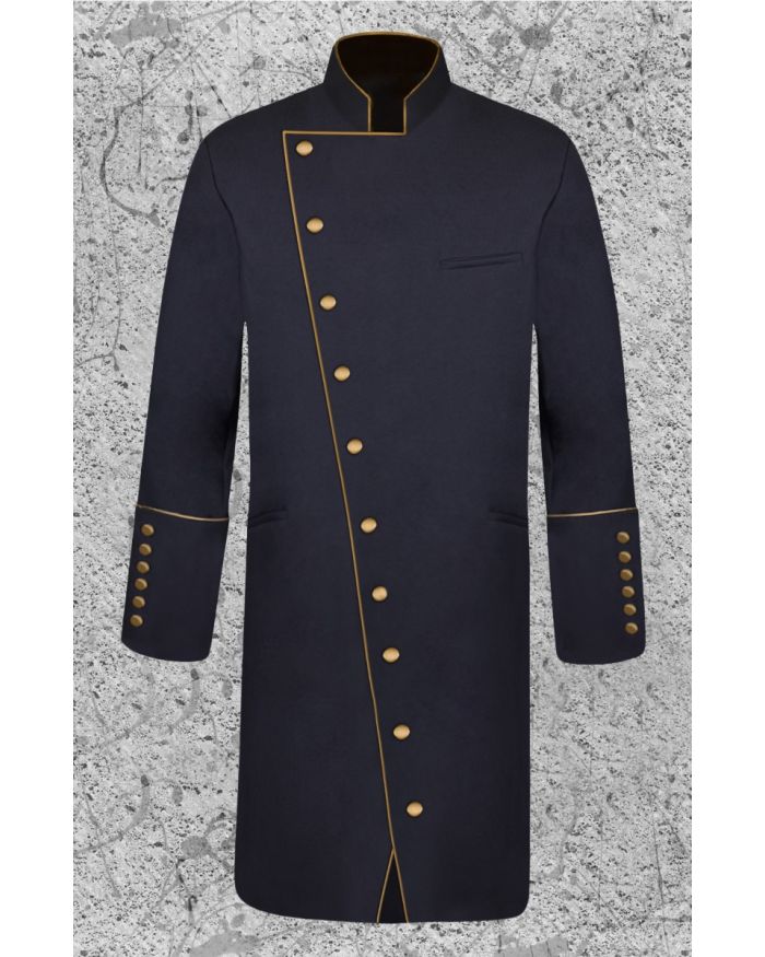 Men's Double Breasted Clergy Frock Jacket in Black and Gold with Three Quarter Length