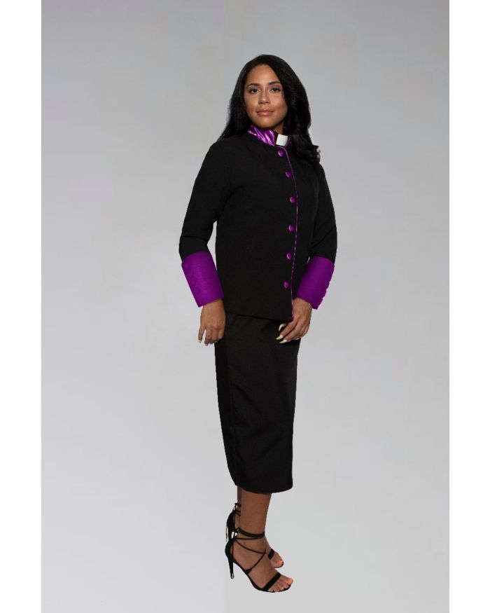 Women's Clergy Suit in Black with Purple Cuffs