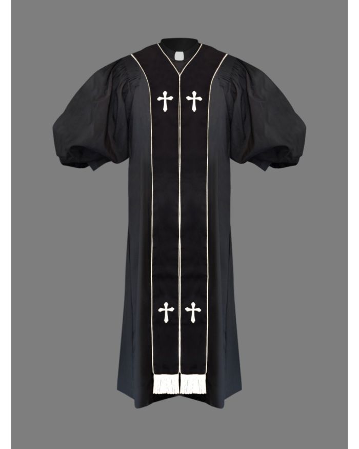 Clergy Pulpit Robe in Black with White Stole