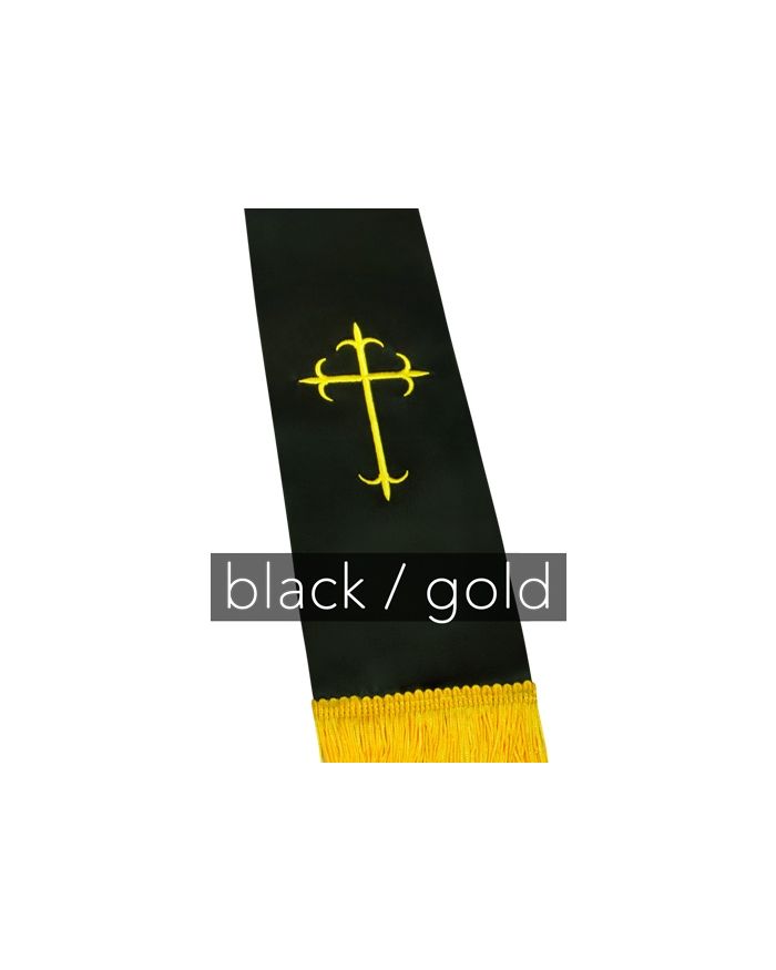 Clergy Stole - Black Satin with Gold Latin Crosses